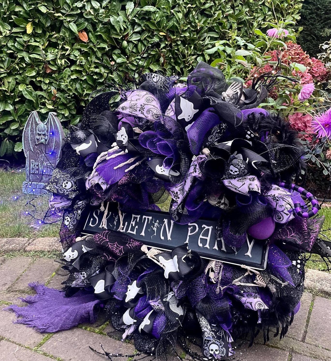 Luxury Purple Skeleton Halloween Wreath | Black & Purple Front Door Decor | 60cm (24")