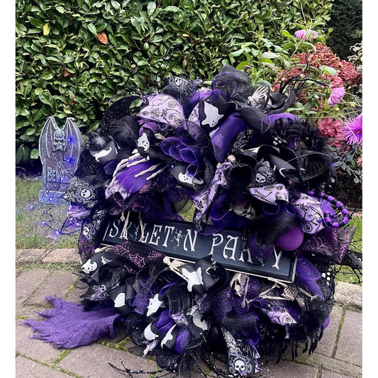 Luxury Purple Skeleton Halloween Wreath | Black & Purple Front Door Decor | 60cm (24")