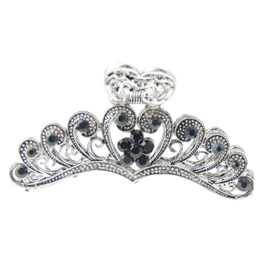 Ladies Grey Metal Crystal Rhinestone Diamante Large Narrow Hair Claw Clamp Clip Swirly Scroll Heart