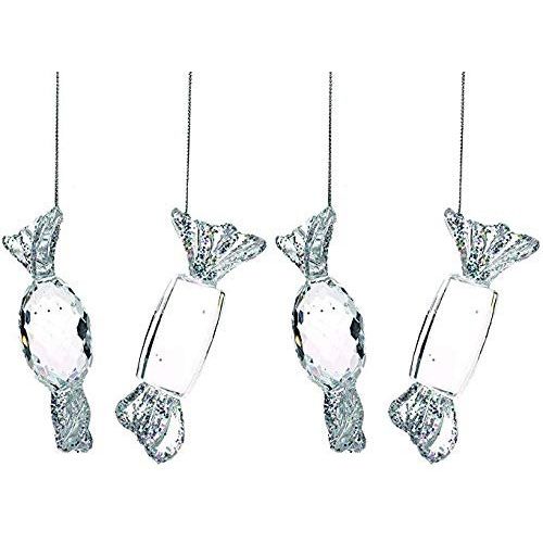 Festive Set of 4 x Hanging Clear and Silver Glitter Acrylic Jewel Candy Sweets 10cm - Sparkly Christmas Tree Decoration Bauble