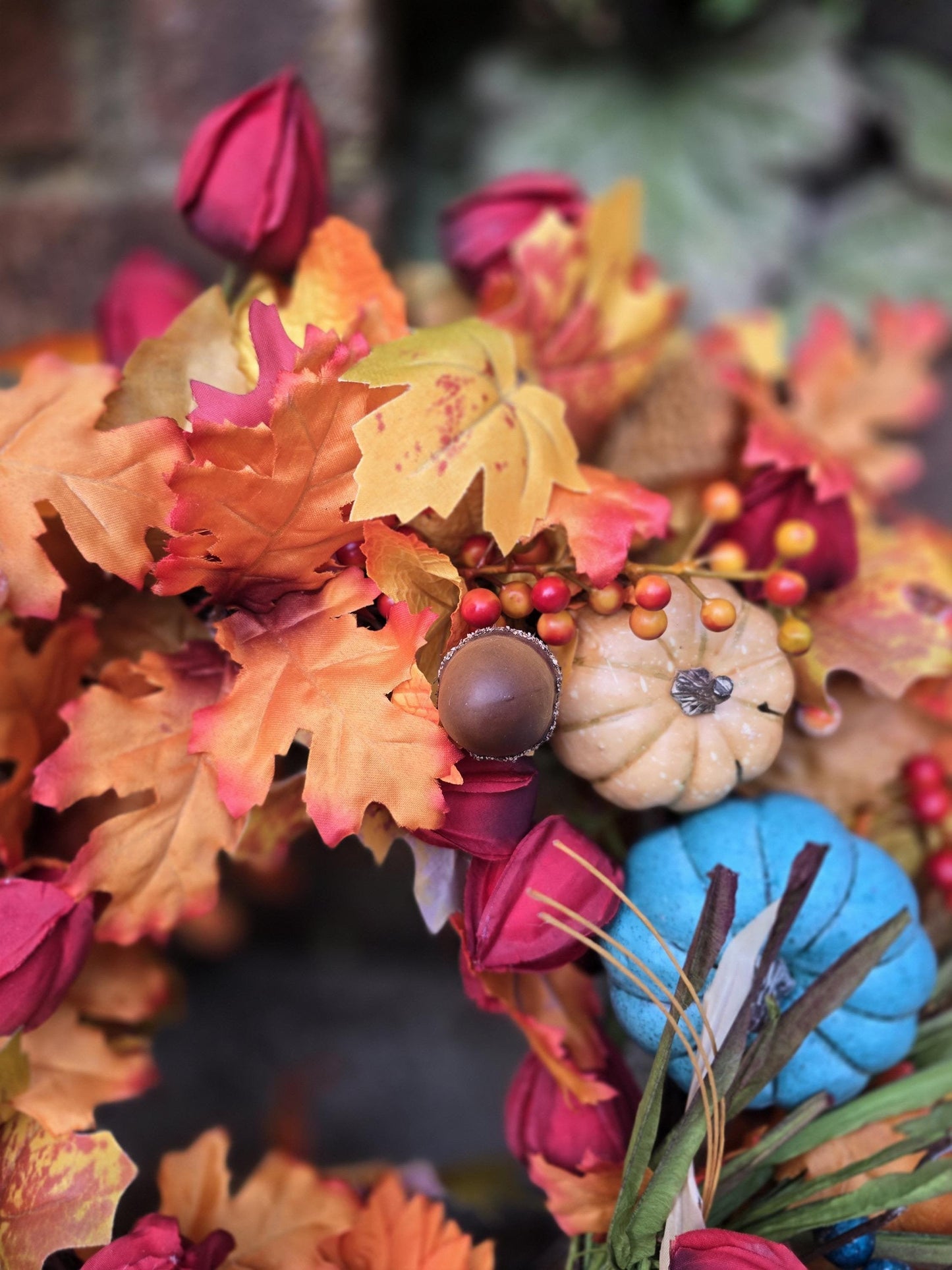 Teal Pumpkin Autumn Wreath | Colourful Harvest Grapevine Front Door Wreath | 40cm (16")