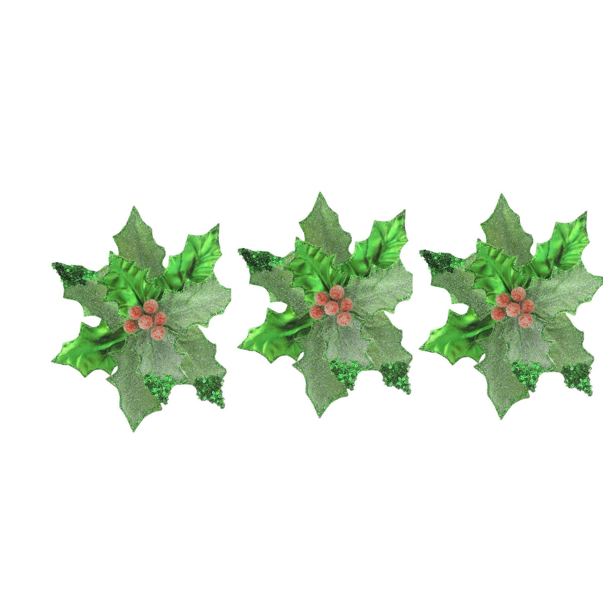 Set of 3 Metallic Green Red Glitter Sequin Clip Poinsettia Flower Christmas Tree Floral Pick Ornament Xmas Decor Garland Wreath Home Decoration
