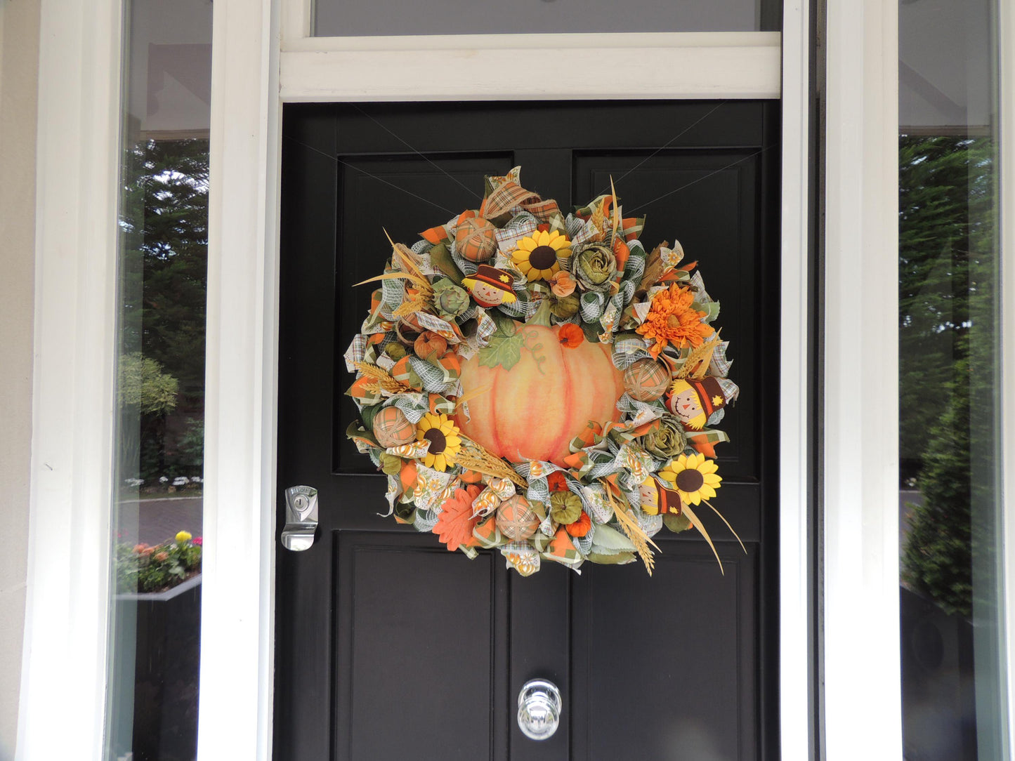 24" Large Autumn Pumpkin Wreath, Fall Harvest Front Door Wreath, Scarecrow Sunflower Thanksgiving Porch Decor, Farmhouse Autumn Decoration