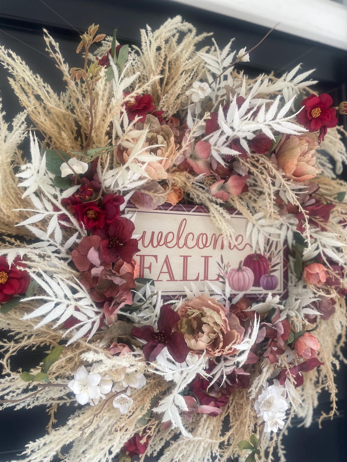 24" LARGE Welcome Fall Wreath, 60cm Autumn Front Door Wreath, Burgundy Cream Floral Harvest Wreath, Rustic Farmhouse Fall Door Decor