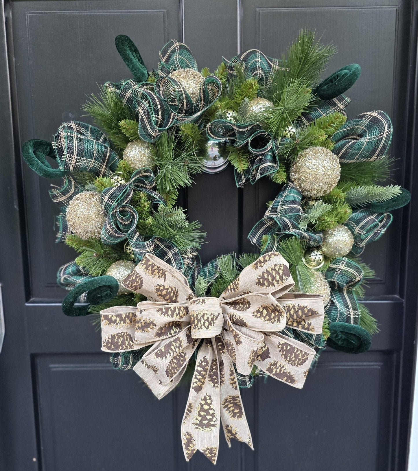 Luxury Gold & Green Christmas Wreath | Long Needle Pine Front Door Wreath | 60cm (24")
