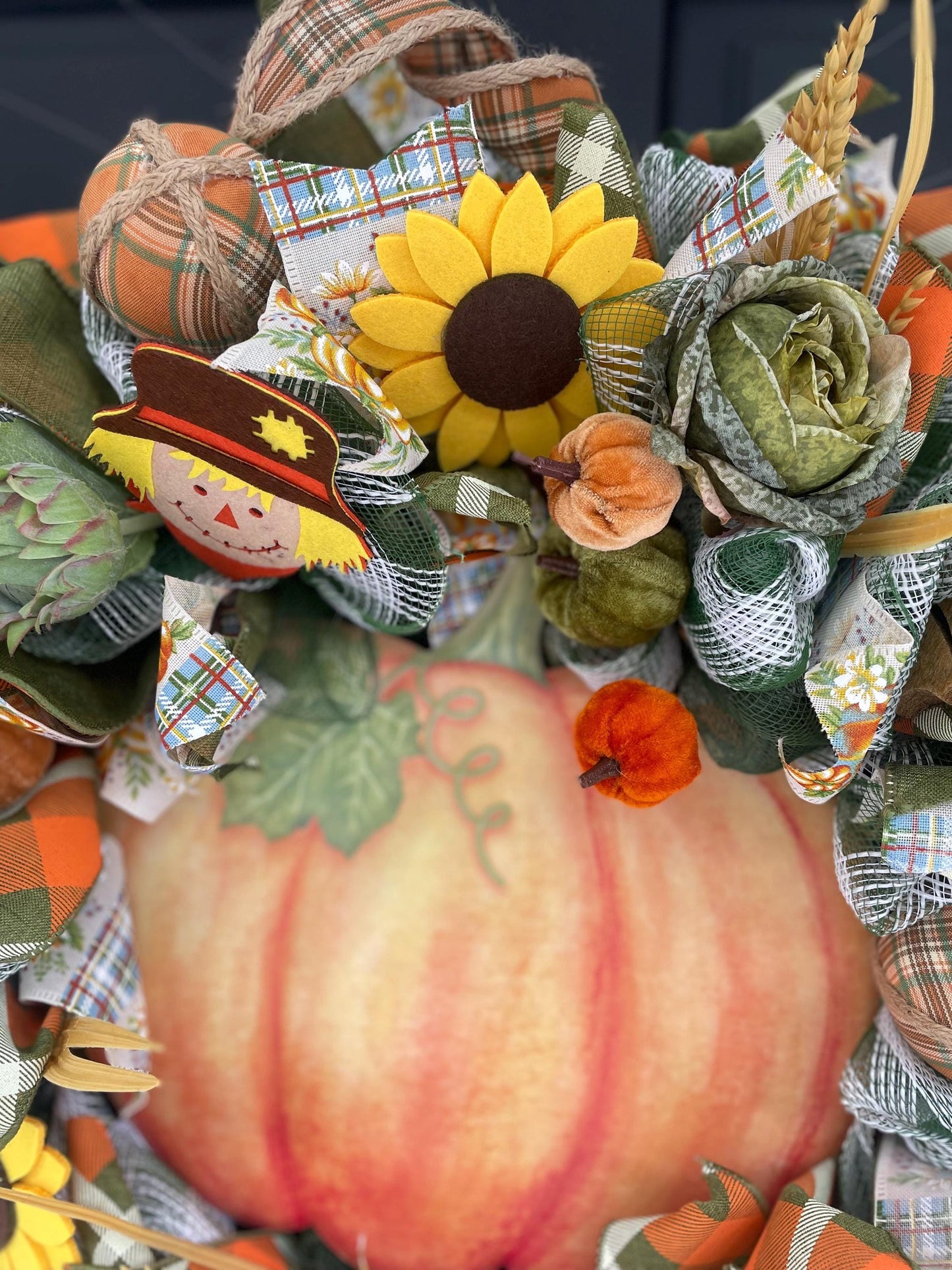 24" Large Autumn Pumpkin Wreath, Fall Harvest Front Door Wreath, Scarecrow Sunflower Thanksgiving Porch Decor, Farmhouse Autumn Decoration