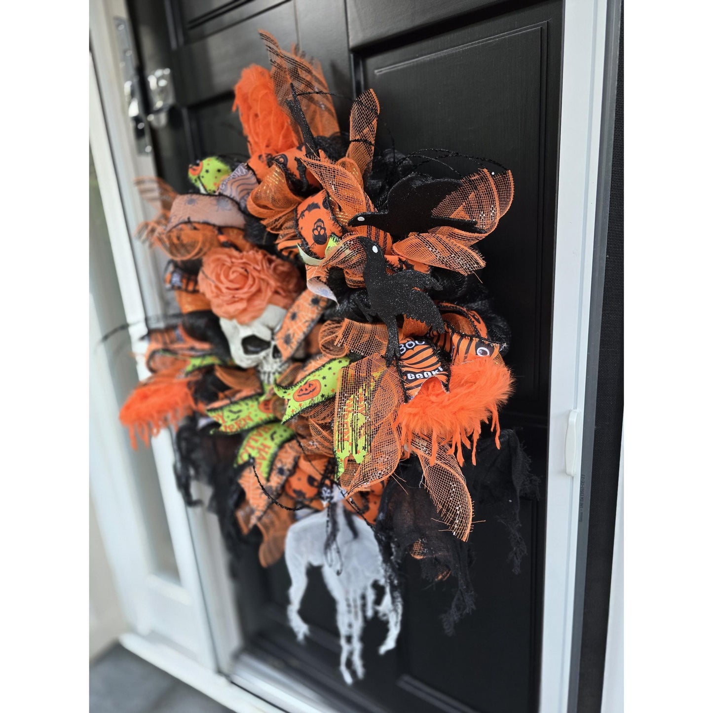 Large Halloween Front Door Wreath Spooky Hanger Black Orange Ghost Skeleton Wall Porch Hanger Handmade House Home Decor Decorations Welcome
