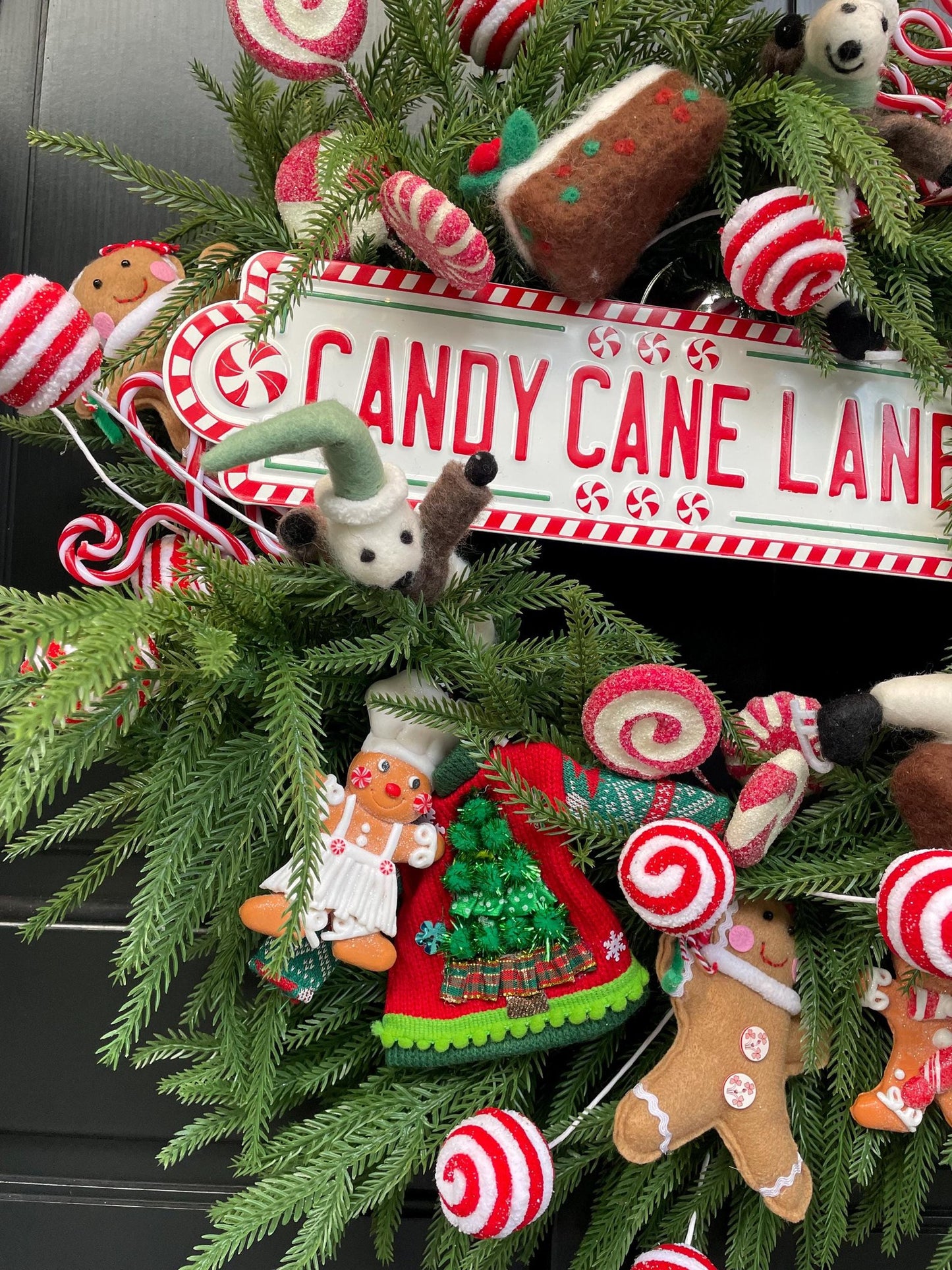Christmas Wreath, Candy Cane Lane Wreath, Gingerbread Christmas Decor, Norfolk Pine Front Door Wreath, Whimsical Holiday Decor, 60cm