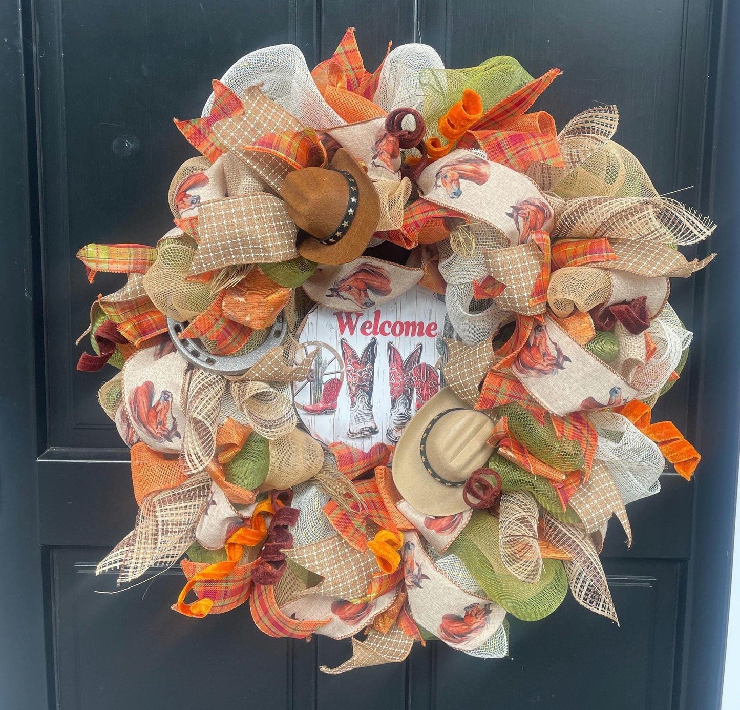 Luxury Southern Charm Welcome Wreath | Western Ranch Front Door Decor | Horse Lover Farmhouse Wreath