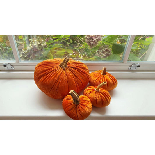 Set of 4 Velvet Pumpkins, Burnt Orange Autumn Fall Pumpkin Decorations, Table Mantel Decor, Natural Stems