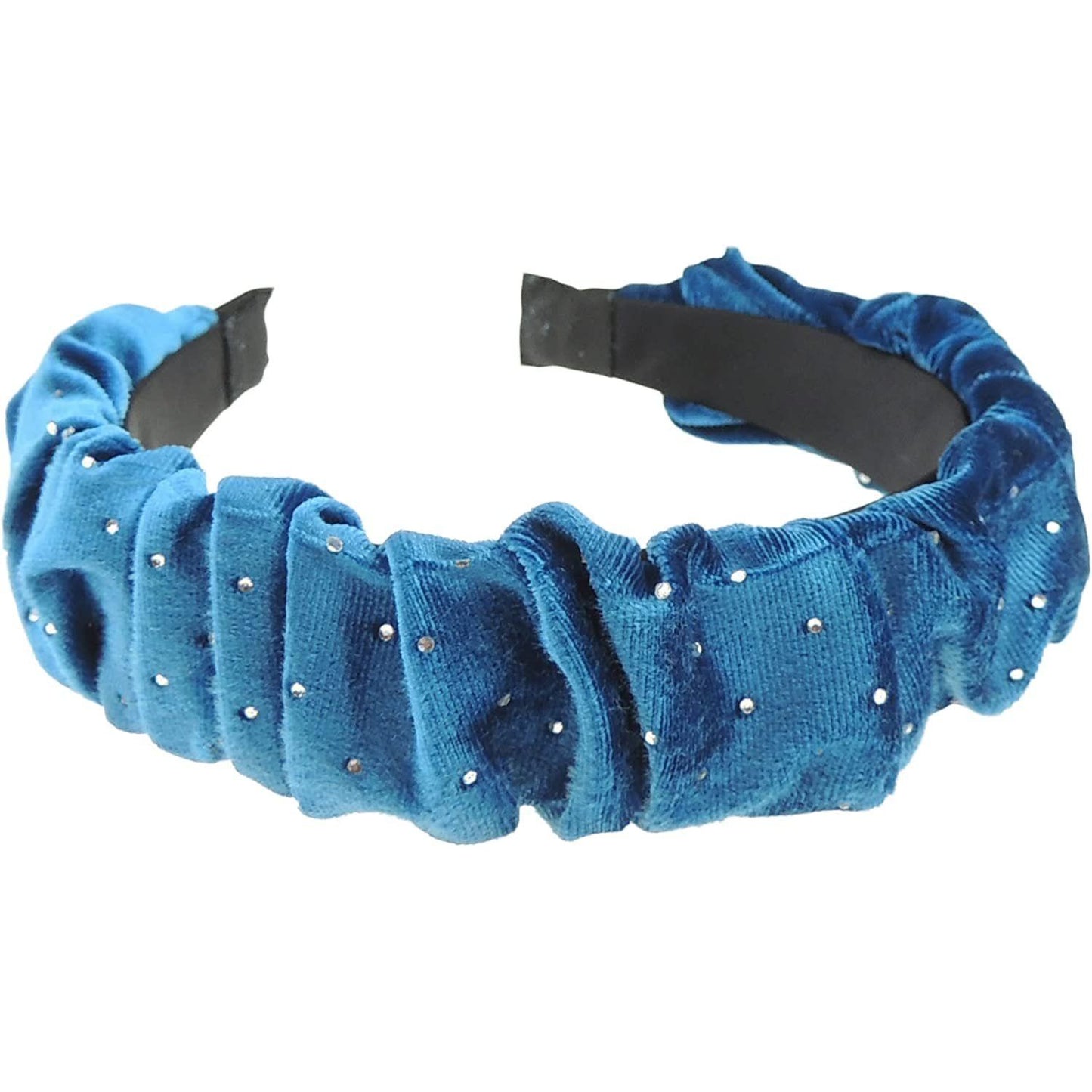 Womens Girls Wide Diamante Rhinestone Crystal Gathered Rouched Winter Evening Velvet Fabric Headband Alice Band Hair Band Accessories Wedding Bridal Party Christmas Birthday (Peacock Blue)