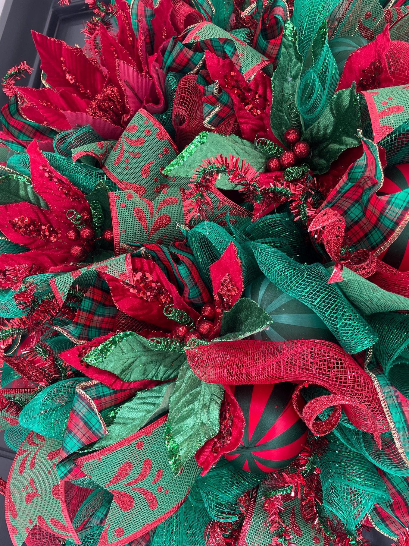 Traditional Red and Green Christmas Wreath Front Door,Classic Holiday Door Decor,Festive Handmade Winter Wreath,Velvet Poinsettia Wreath