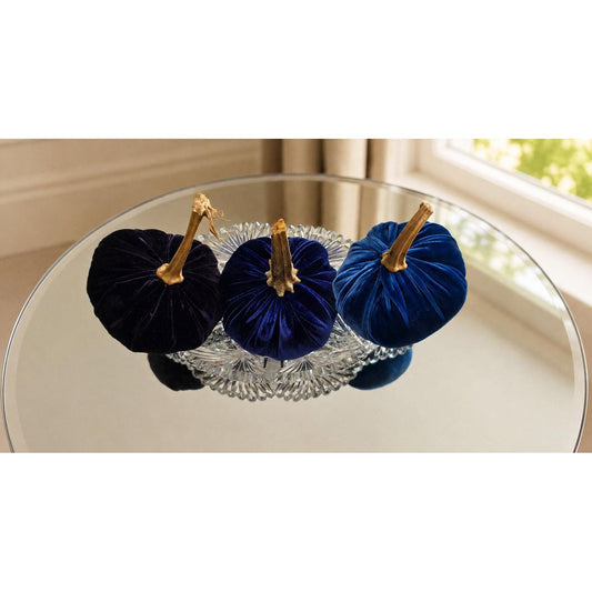SET 3 X-SMALL Dark Purple Blue Navy Silk Velvet Pumpkins, Fall Table Decor Autumn Decorations, Handmade Fall Centerpiece