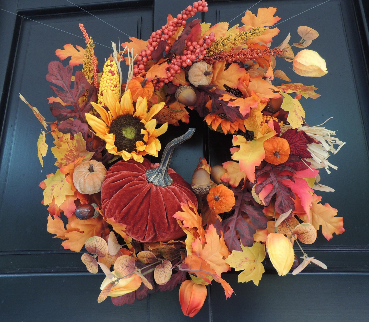 20" Large Velvet Pumpkin Wreath, Autumn Fall Front Door Wreath, Sunflower Harvest Decor, Rustic Thanksgiving Farmhouse Wreath