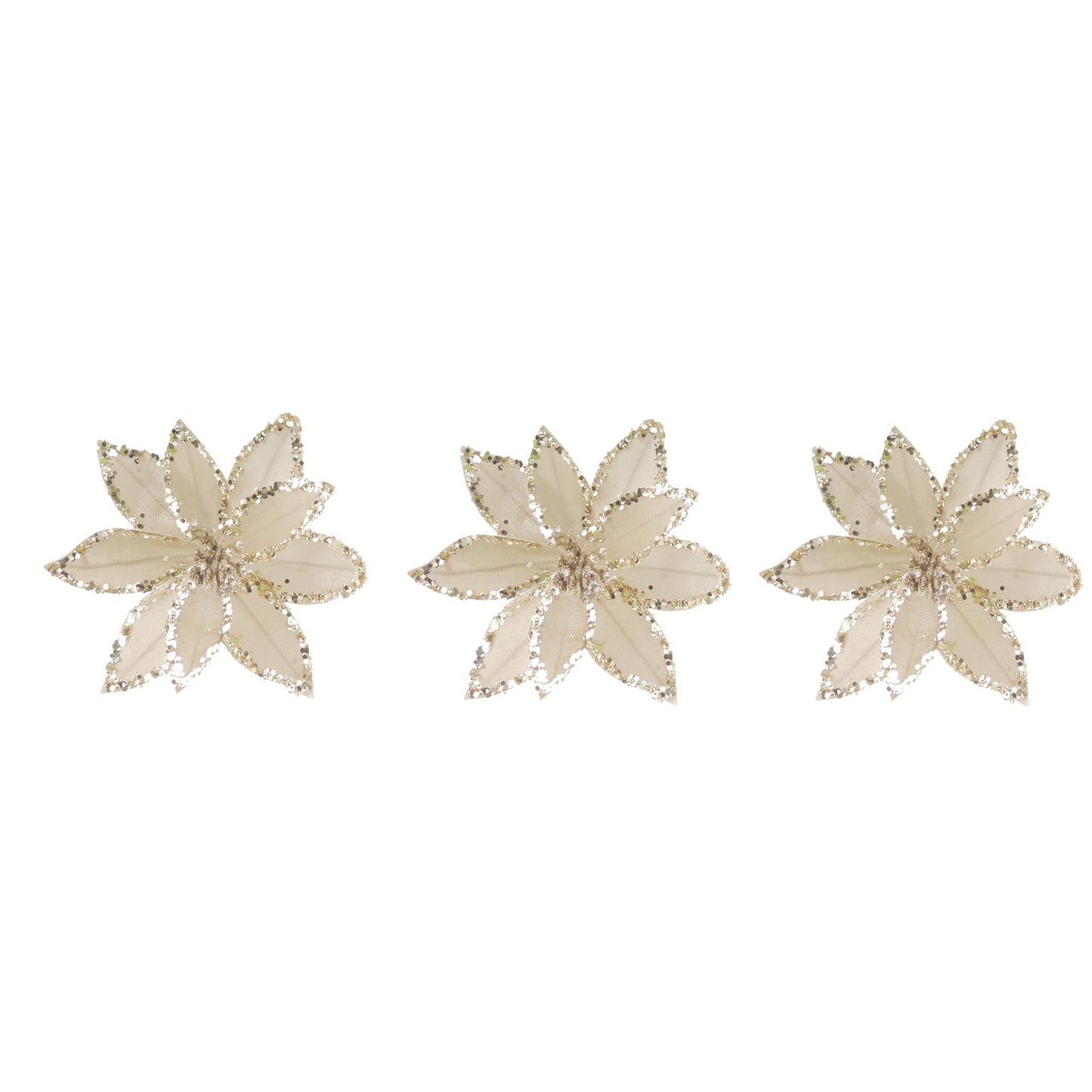 Set of 3 Nude Velvet Sequin Gold Poinsettia Flower Clip Christmas Tree Floral Pick Ornament Xmas Decor Garland Wreath Decoration