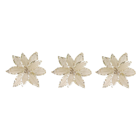 Set of 3 Nude Velvet Sequin Gold Poinsettia Flower Clip Christmas Tree Floral Pick Ornament Xmas Decor Garland Wreath Decoration