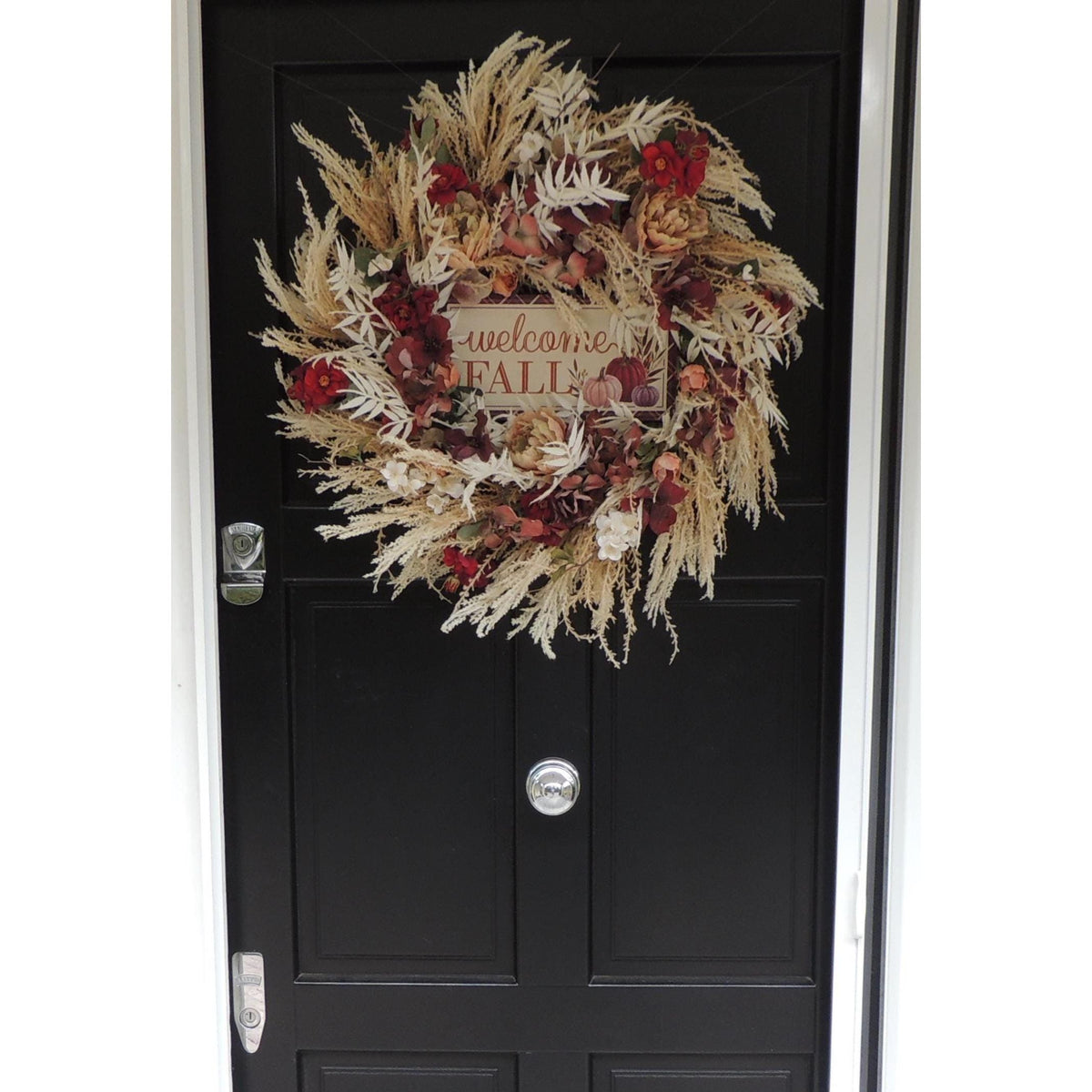24" LARGE Welcome Fall Wreath, 60cm Autumn Front Door Wreath, Burgundy Cream Floral Harvest Wreath, Rustic Farmhouse Fall Door Decor