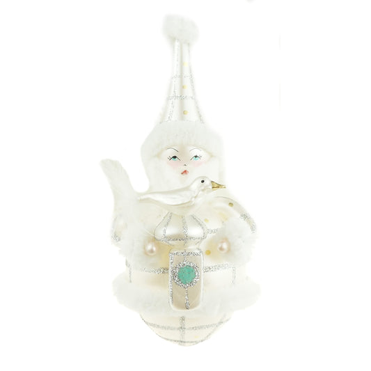 Italian Large Hand Blown Glass Keepsake Christmas Tree Ornament Bauble White Silver Fat Sanda Lantern Bird