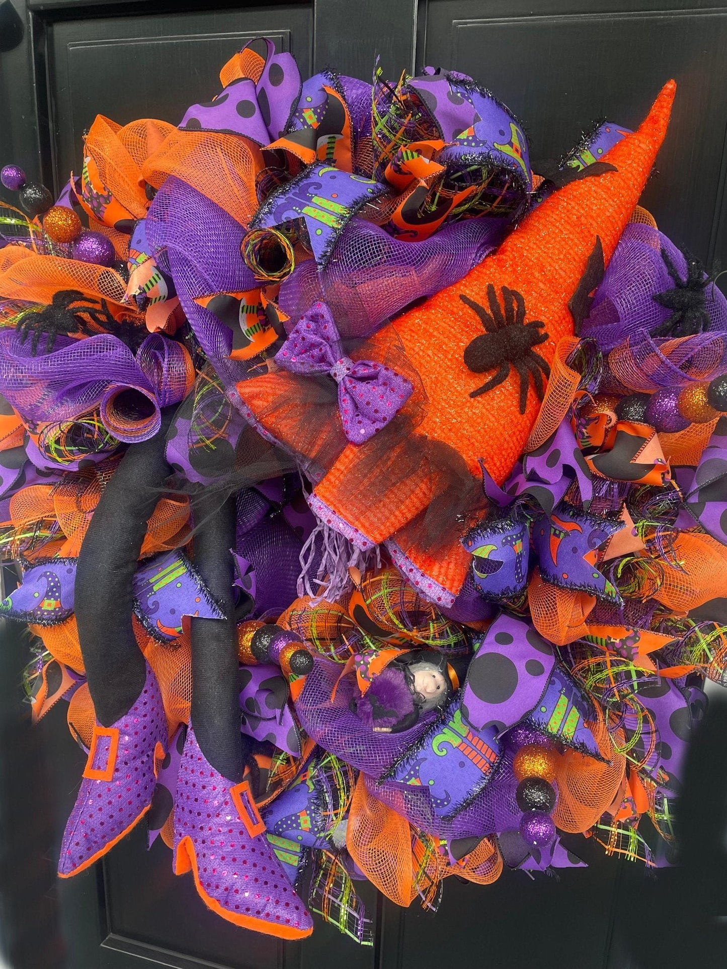 Large Witch Halloween Wreath | Purple & Orange Front Door Decor | 70cm (27.5")