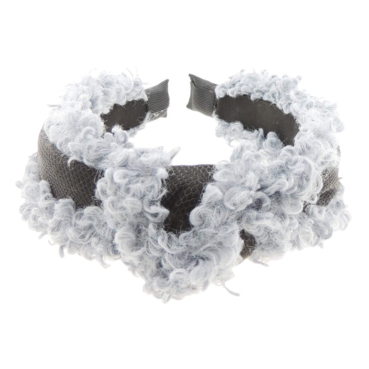 Ladies Soft Furry Fluffy Black Central Ribbon Trim Top Knot Headband Alice Band