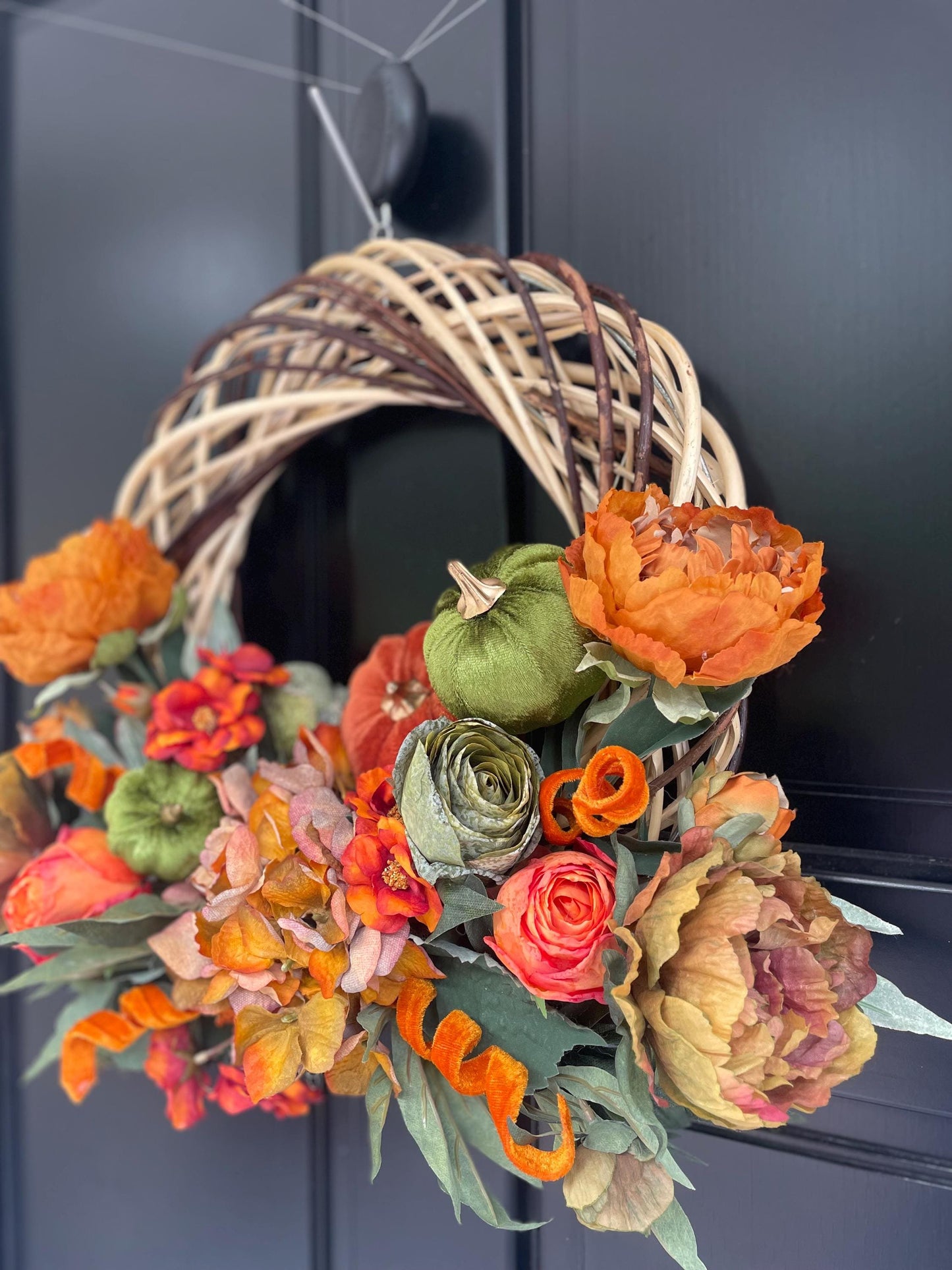 Orange Autumn Pumpkin Door Wreath, Green Fall Swag, Luxury Autumn Front Door Decor,Thanksgiving Wreath, Glam Fall Door Hanger,Harvest Wreath