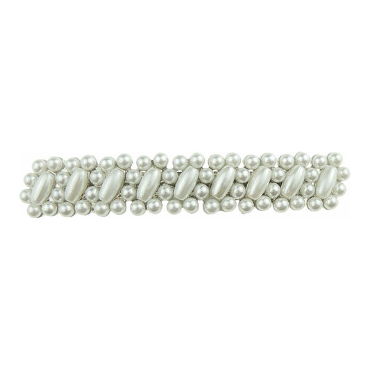 Womens Girls Wedding Bridal Party Evening Ponytail Fine Hair Accessories Occasion Barrette Hairpin Grip French Metal Spring Clip Silver Tone Narrow LOng Ivory Faux Pearl