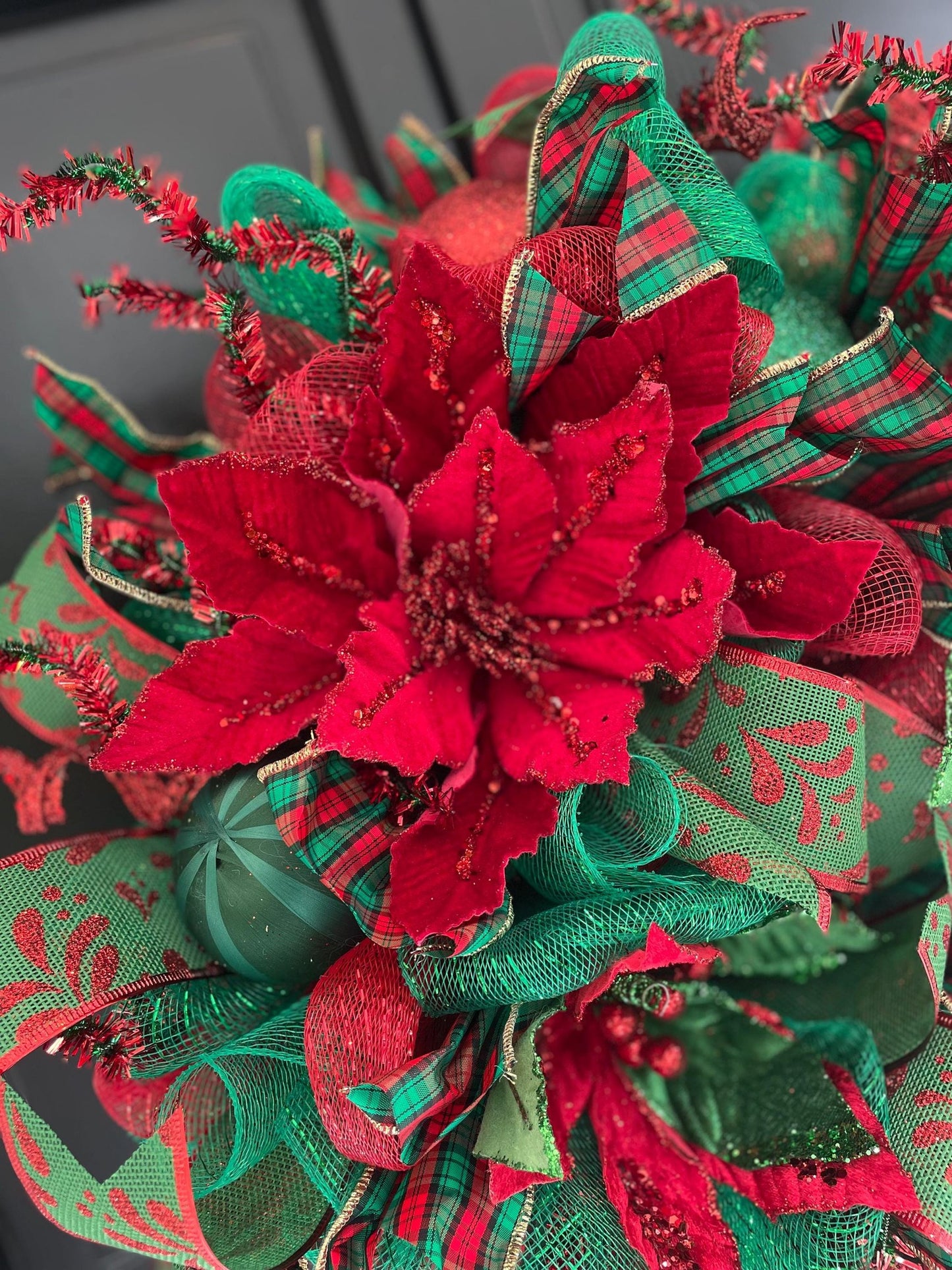 Traditional Red and Green Christmas Wreath Front Door,Classic Holiday Door Decor,Festive Handmade Winter Wreath,Velvet Poinsettia Wreath