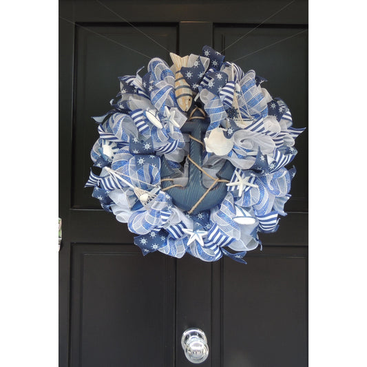 20" Nautical Wreath, Coastal Beach House Wreath, Blue White Anchor Door Decor, Seaside Lake House Decor, Sailboat Ocean Wreath