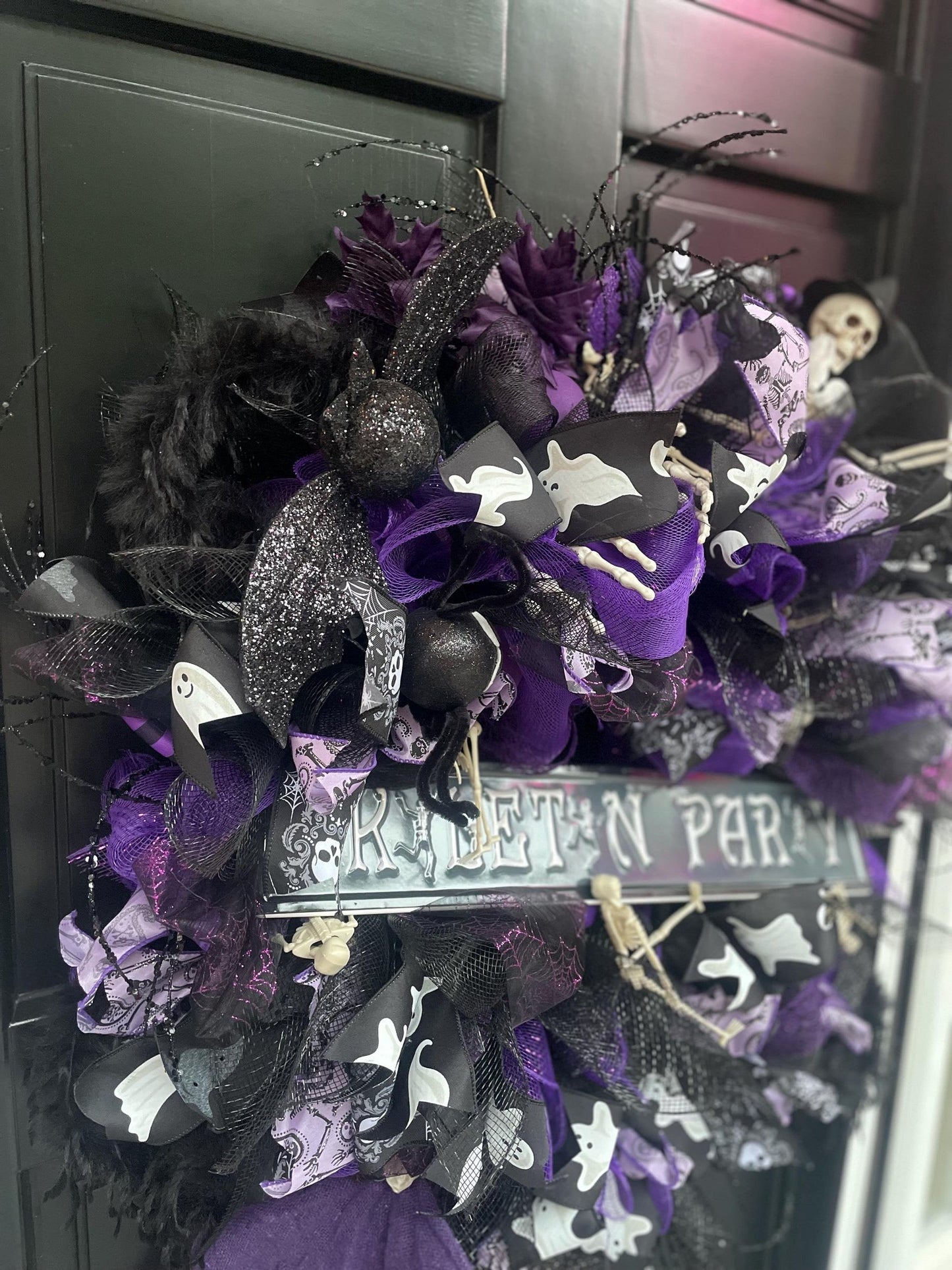 Luxury Purple Skeleton Halloween Wreath | Black & Purple Front Door Decor | 60cm (24")