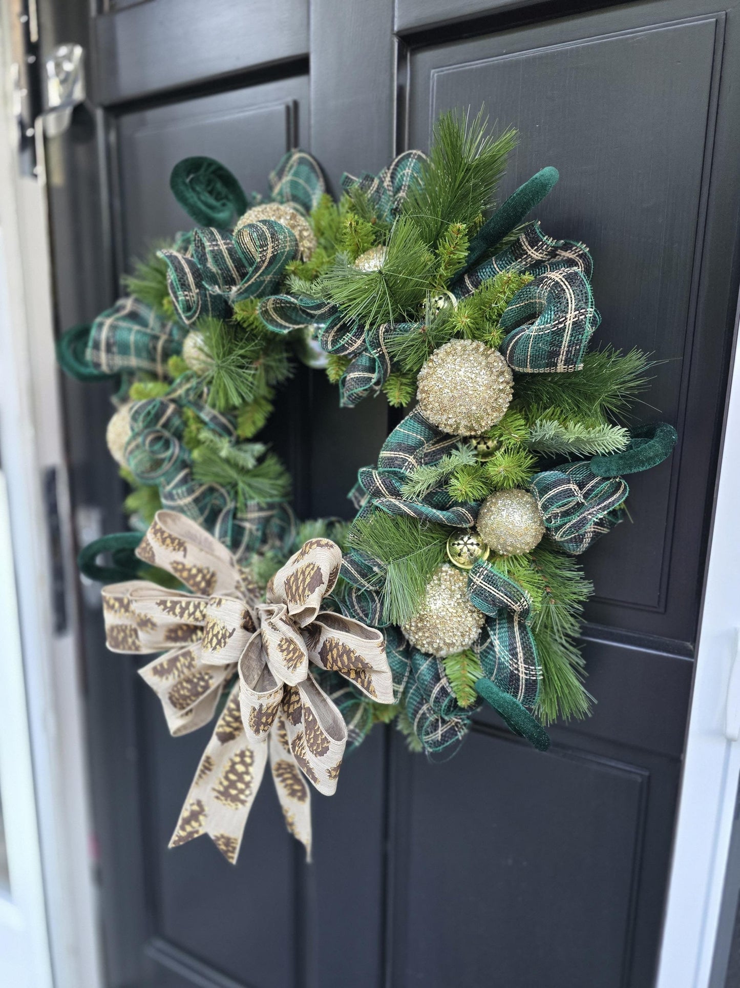 Luxury Gold & Green Christmas Wreath | Long Needle Pine Front Door Wreath | 60cm (24")
