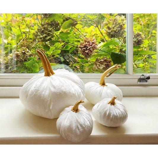 White Velvet Pumpkin Set of 4, Wedding Table Centrepiece, Bridal Shower Autumn Decor