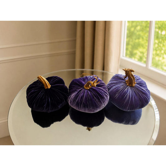 SET 3 X-SMALL Dark Light Purple Lavender Silk Velvet Pumpkins, Cozy Home Decor, Fall Wedding, Thanksgiving, Halloween Modern Decor