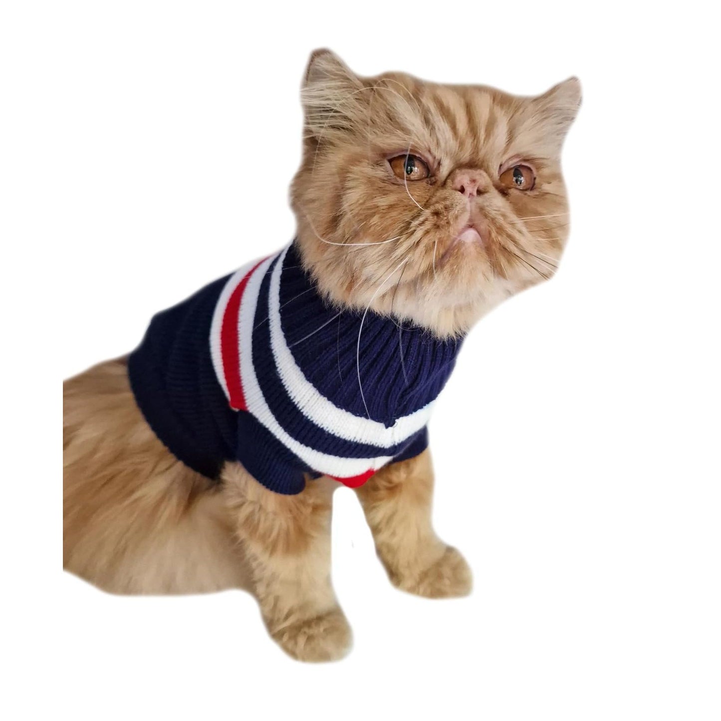 Cute Knitted SMALL MEDIUM LARGE Puppy Cat Kitten Warm Winter Girl Boy Cold Weather Vest Sweatshirt Clothes Jacket Coat Christmas Ideas Pullover Jumper Sweater Big Stripes Navy White