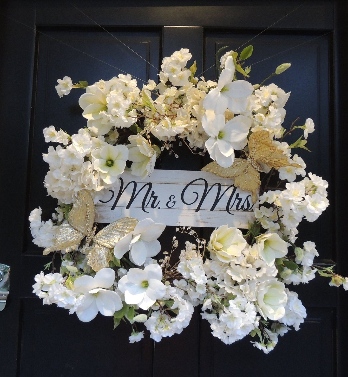 White Ivory Mr & Mrs Wedding Wreath Swag | White Ivory Magnolia Hydrangea Front Door Wreath Gold Butterflies | 50cm Bridal Reception Decor