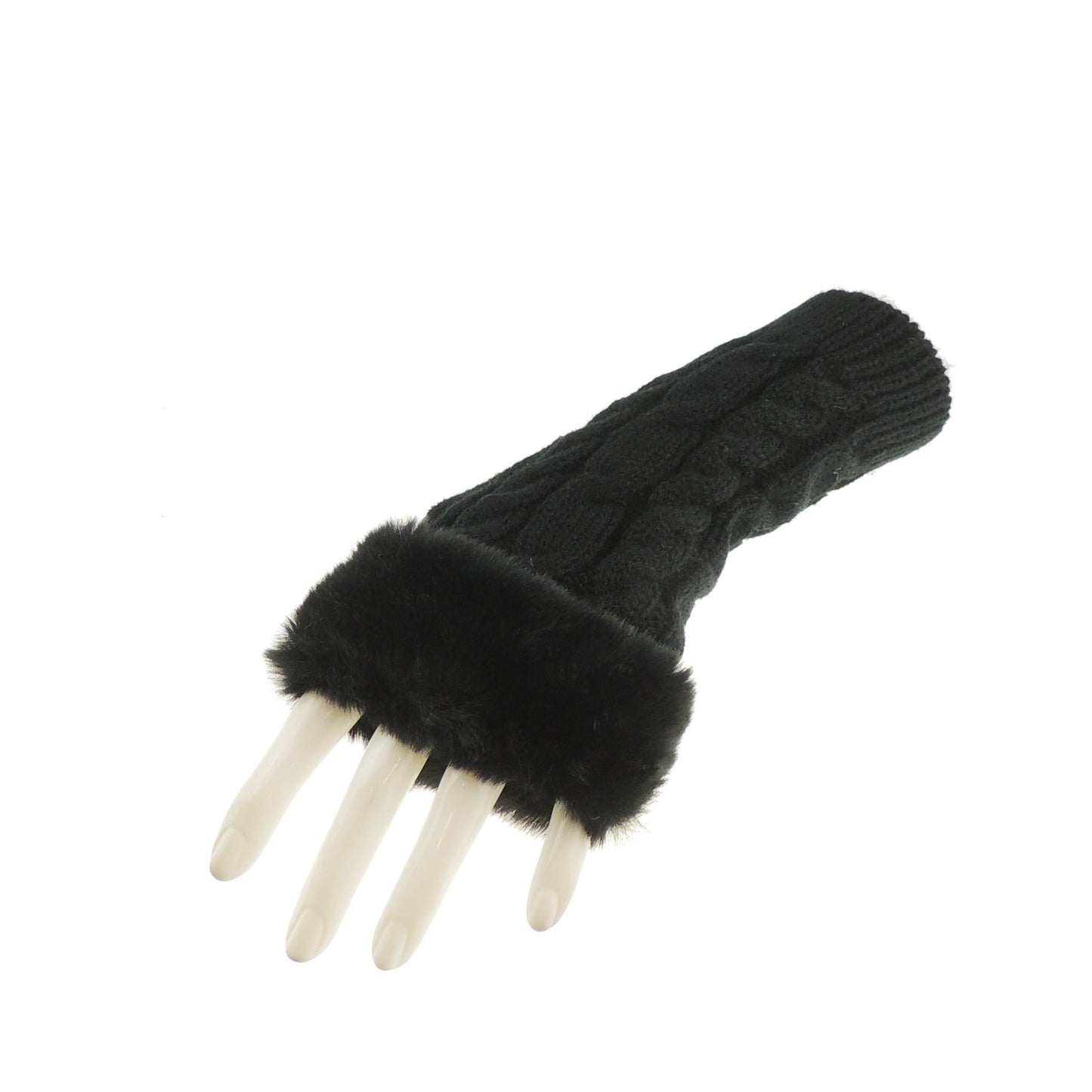 Glamour Girlz Womens Girls Faux Fur Cable Knitted Knit Thermal Fleece Warm Winter Outdoor Hiking Cold Weather Driving Cycling Christmas Birthday Hand Warmers Fingerless Half Gloves Mitts Mittens
