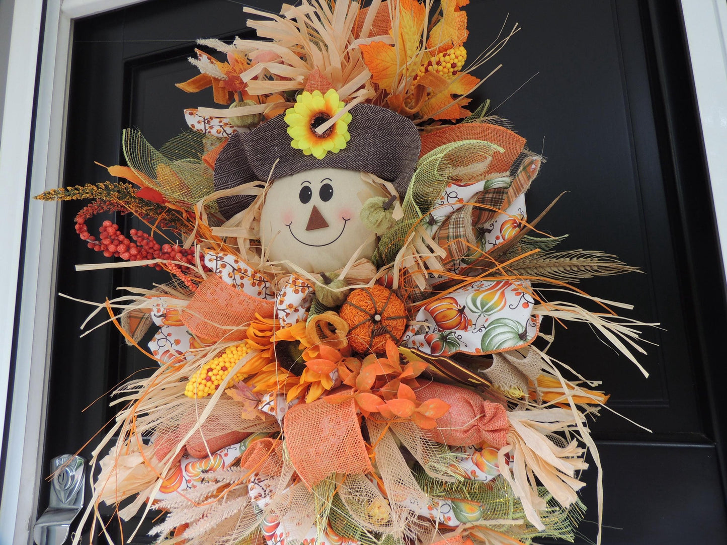 XXL Scarecrow Orange Halloween Front Door Wreath Swag Teardrop Hanger Wall Porch Hanger Handmade House Home Decor Decorations Glam