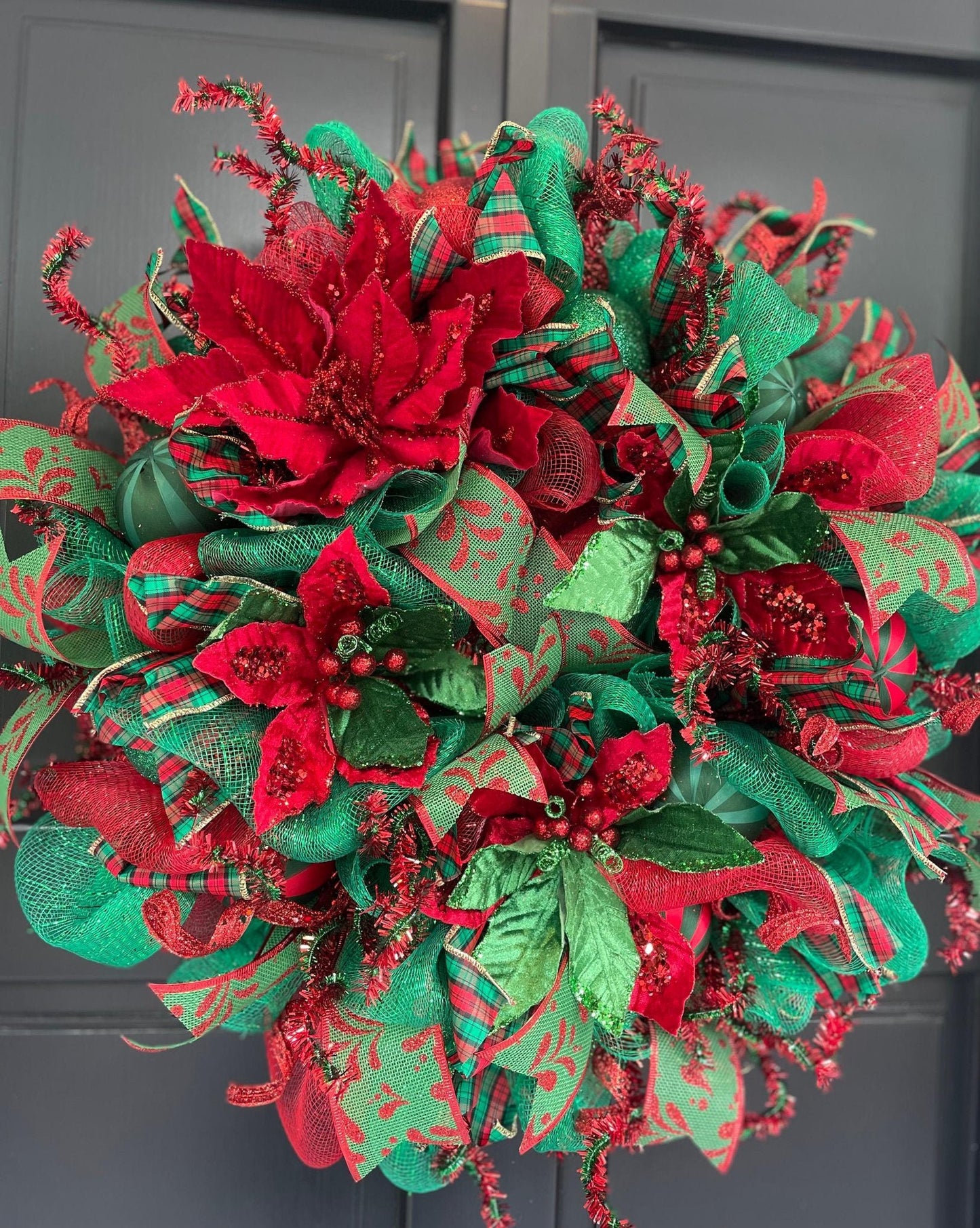 Luxury Red & Green Poinsettia Christmas Wreath | Traditional Front Door Decor | 50cm (20")