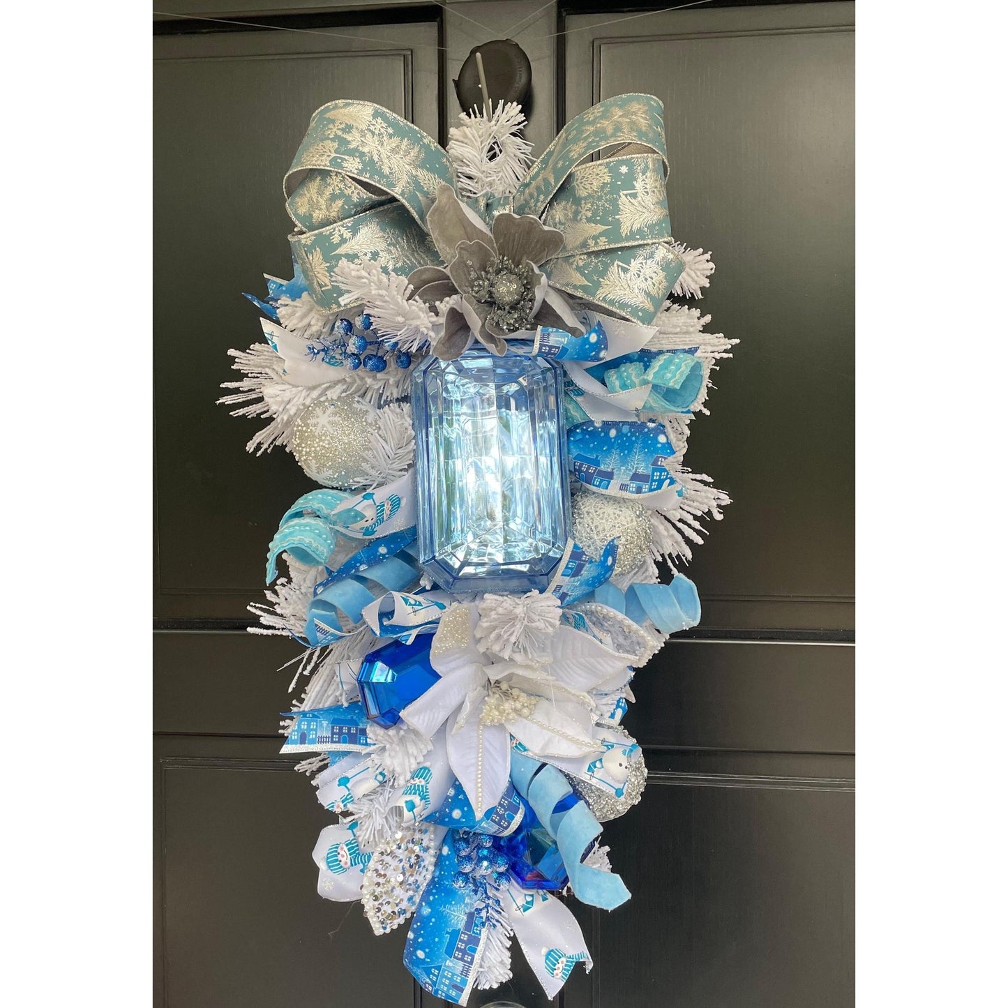 XL Ice Blue Snow Flocked  Luxury Teardrop Christmas Front Door Wreath White Home Decoration Xmas Winter Mantle Decor Holiday Advent Swag