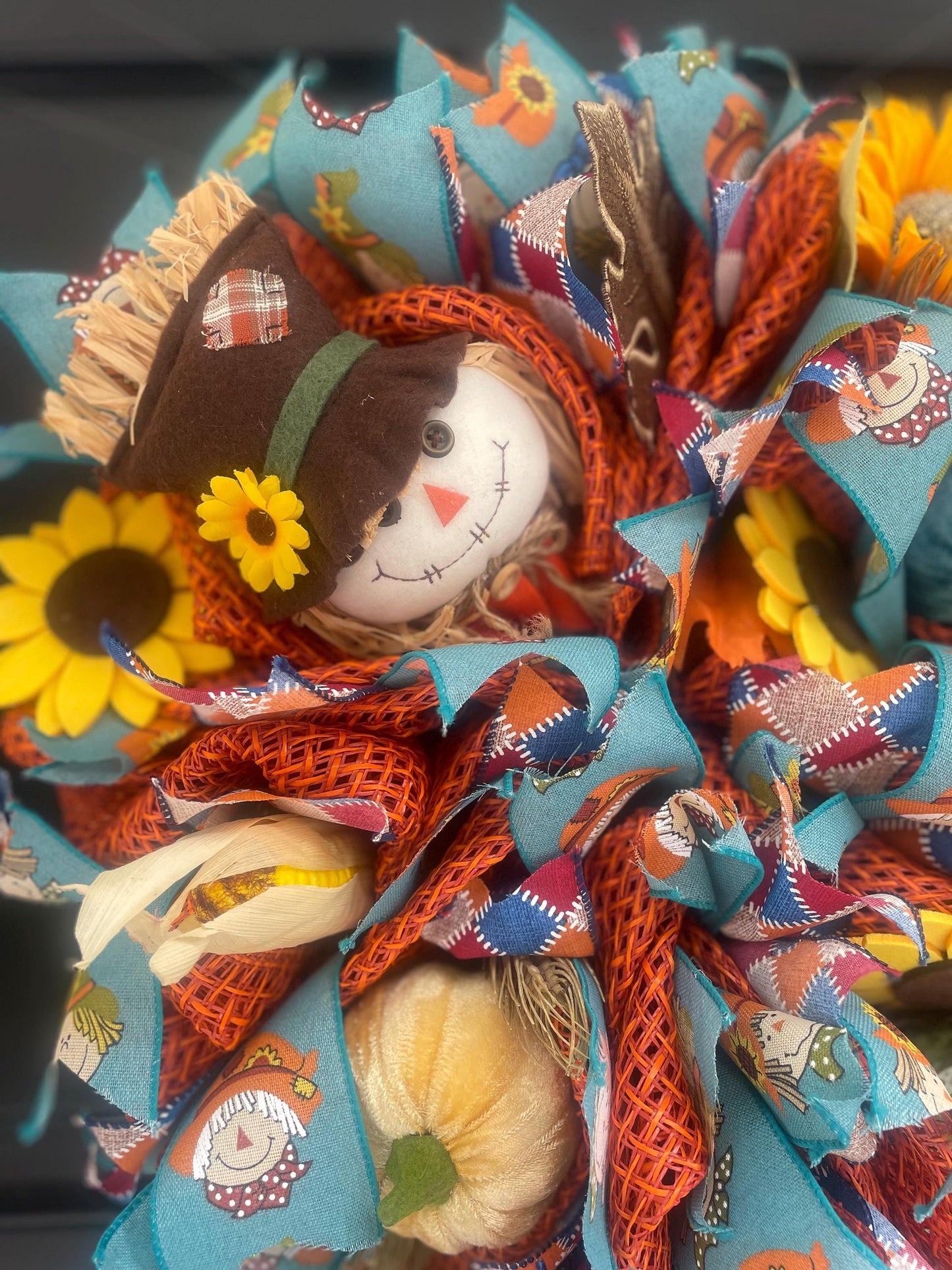 Scarecrow Rustic Fall Wreath Front Door,Pumpkin Handmade Harvest Door Decor,Country Autumn Wreath, Seasonal Decoration Teal Yellow Orange