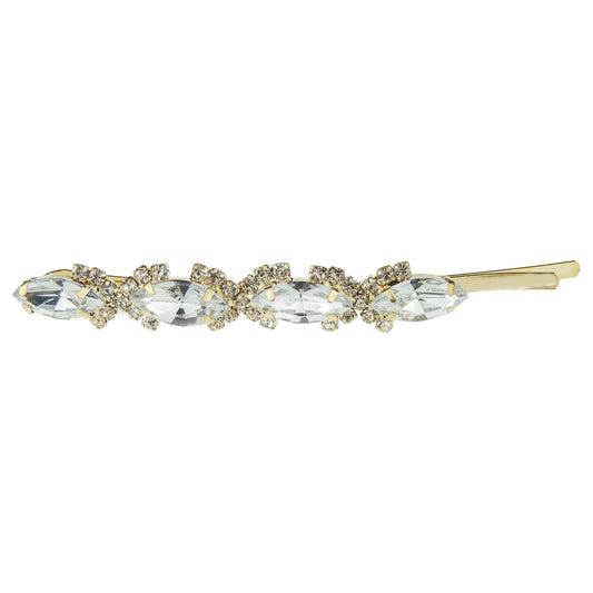 ONE GRIP Womens Girls Sparkly Bow Rhinestone Jeweled Crystal Diamante Party Birthday Christmas Bridal Wedding Accessories Slides Hairpin Hair Clips Grips Bobby Pins 9cm Gold Tone Stones Oval (Clear)