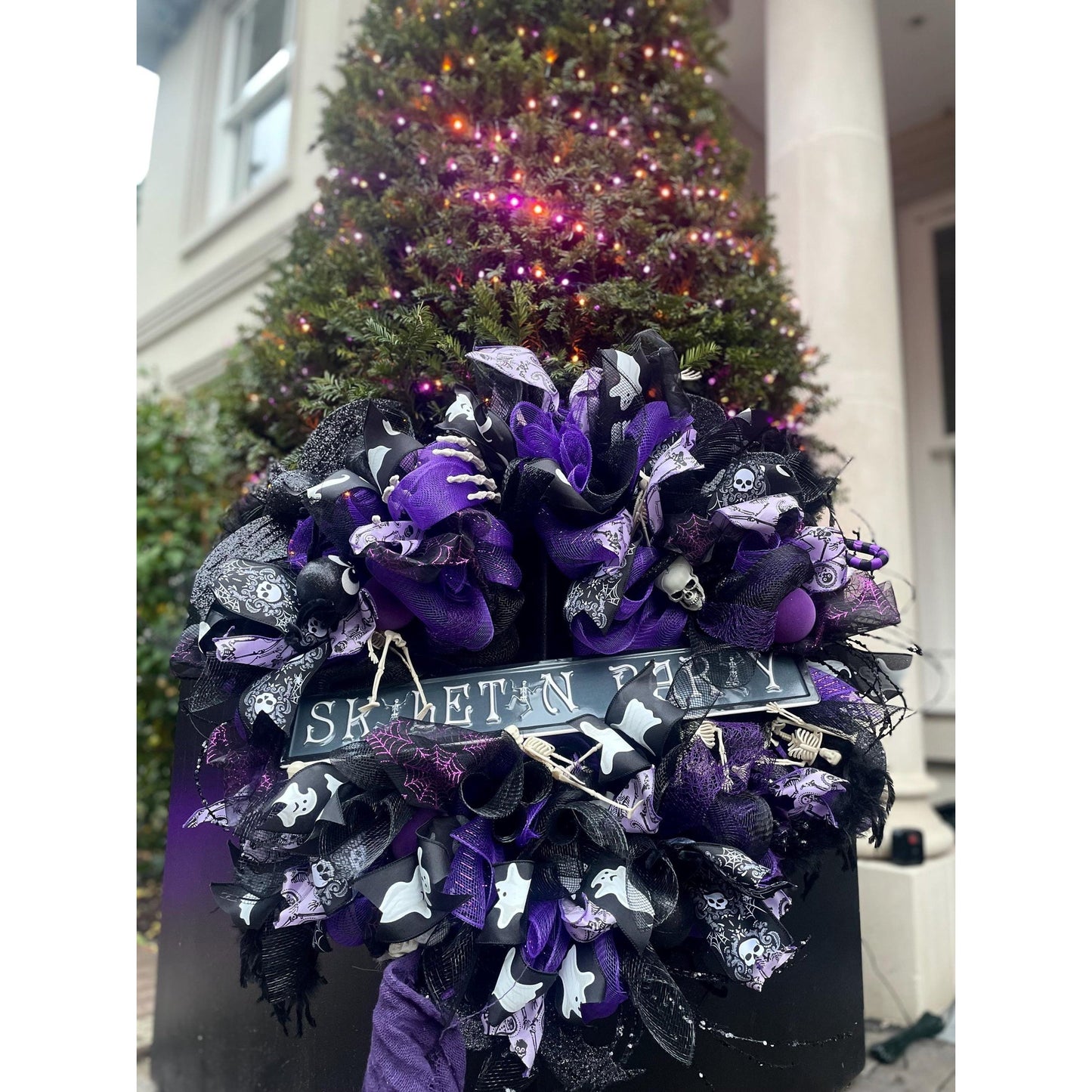 Large Halloween Front Door Wreath Spooky Hanger Black Purple Skeleton Party Wall Porch Hanger Handmade House Home Decor Decorations Welcome