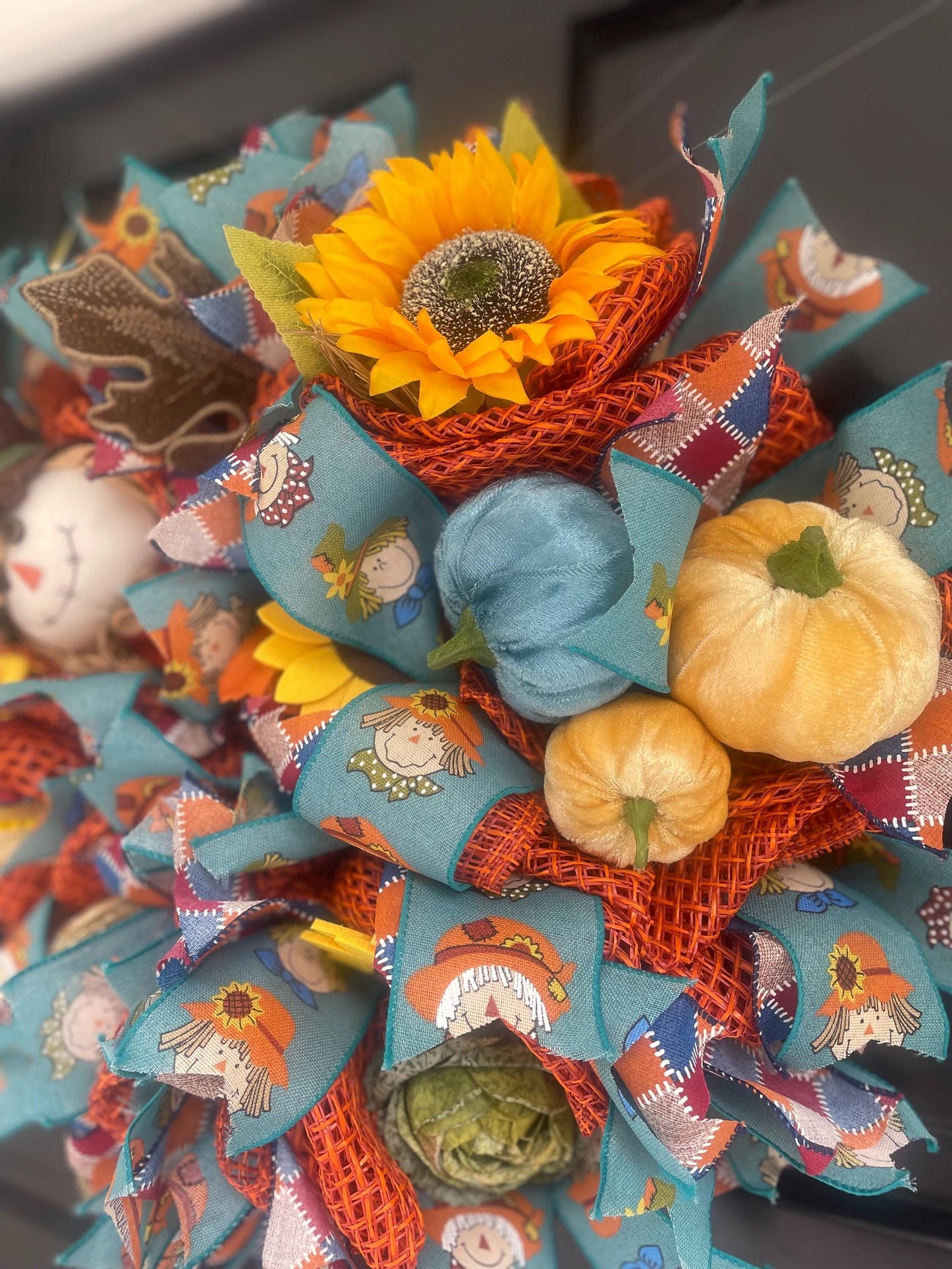 Scarecrow Rustic Fall Wreath Front Door,Pumpkin Handmade Harvest Door Decor,Country Autumn Wreath, Seasonal Decoration Teal Yellow Orange