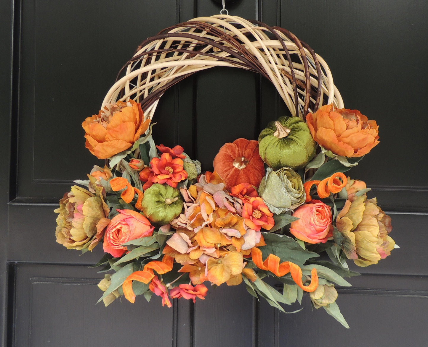 Orange Autumn Pumpkin Door Wreath, Green Fall Swag, Luxury Autumn Front Door Decor,Thanksgiving Wreath, Glam Fall Door Hanger,Harvest Wreath