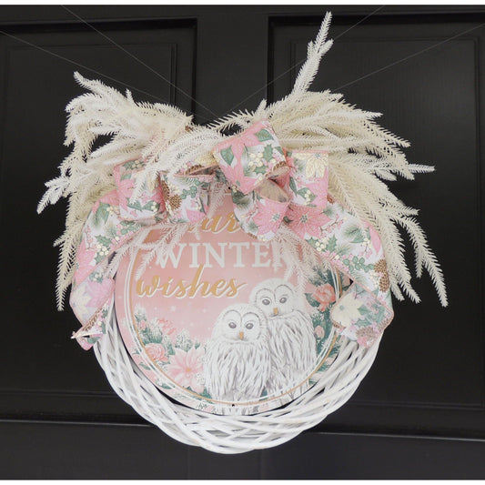 Pink Christmas Owl Wreath, White Winter Wreath, Snowy Front Door Decor, Pink Poinsettia Christmas Decoration, Cottagecore