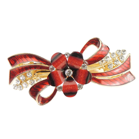 Womens Girls Crystal Rhinestone Diamante Wedding Birthday Party Evening School Ponytail Fine Medium Hair Accessories Occasion Barrette Hairpin Grip French Spring Clip Enamel Daisy Ribbon (Red)