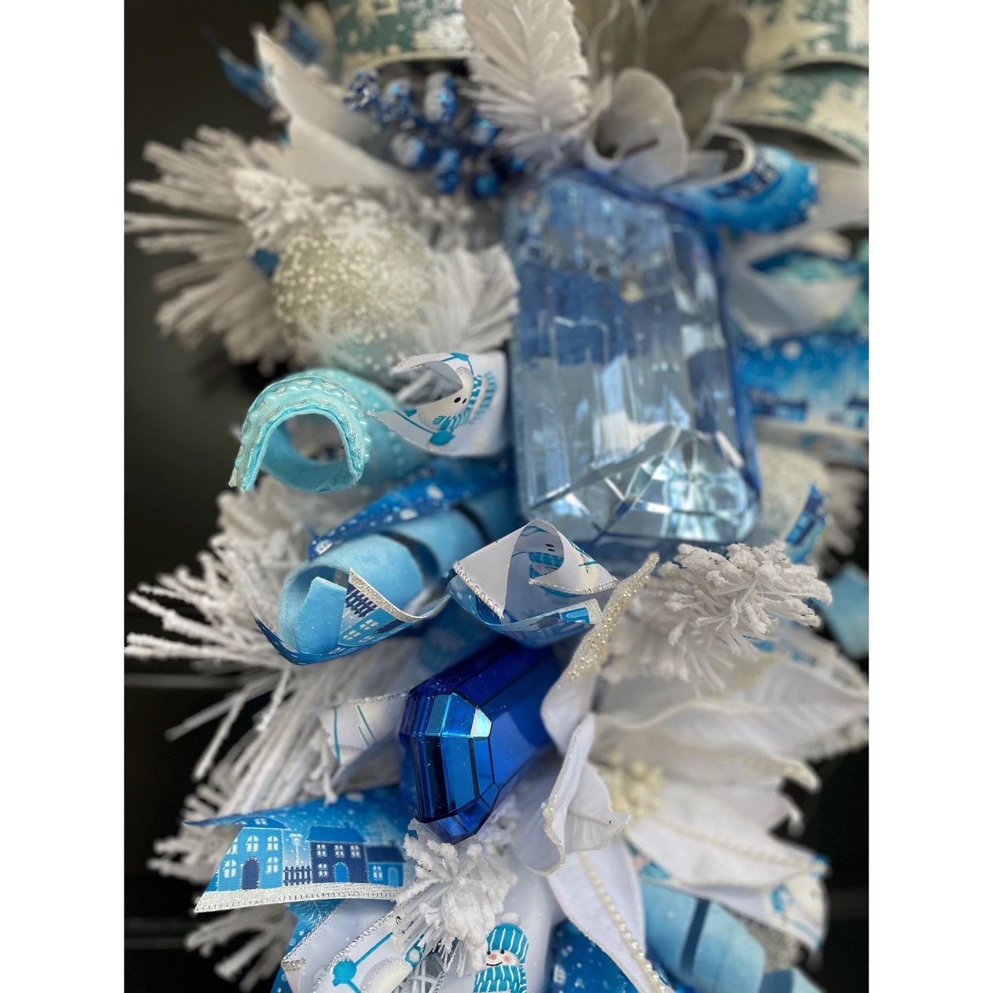 XL Ice Blue Snow Flocked  Luxury Teardrop Christmas Front Door Wreath White Home Decoration Xmas Winter Mantle Decor Holiday Advent Swag
