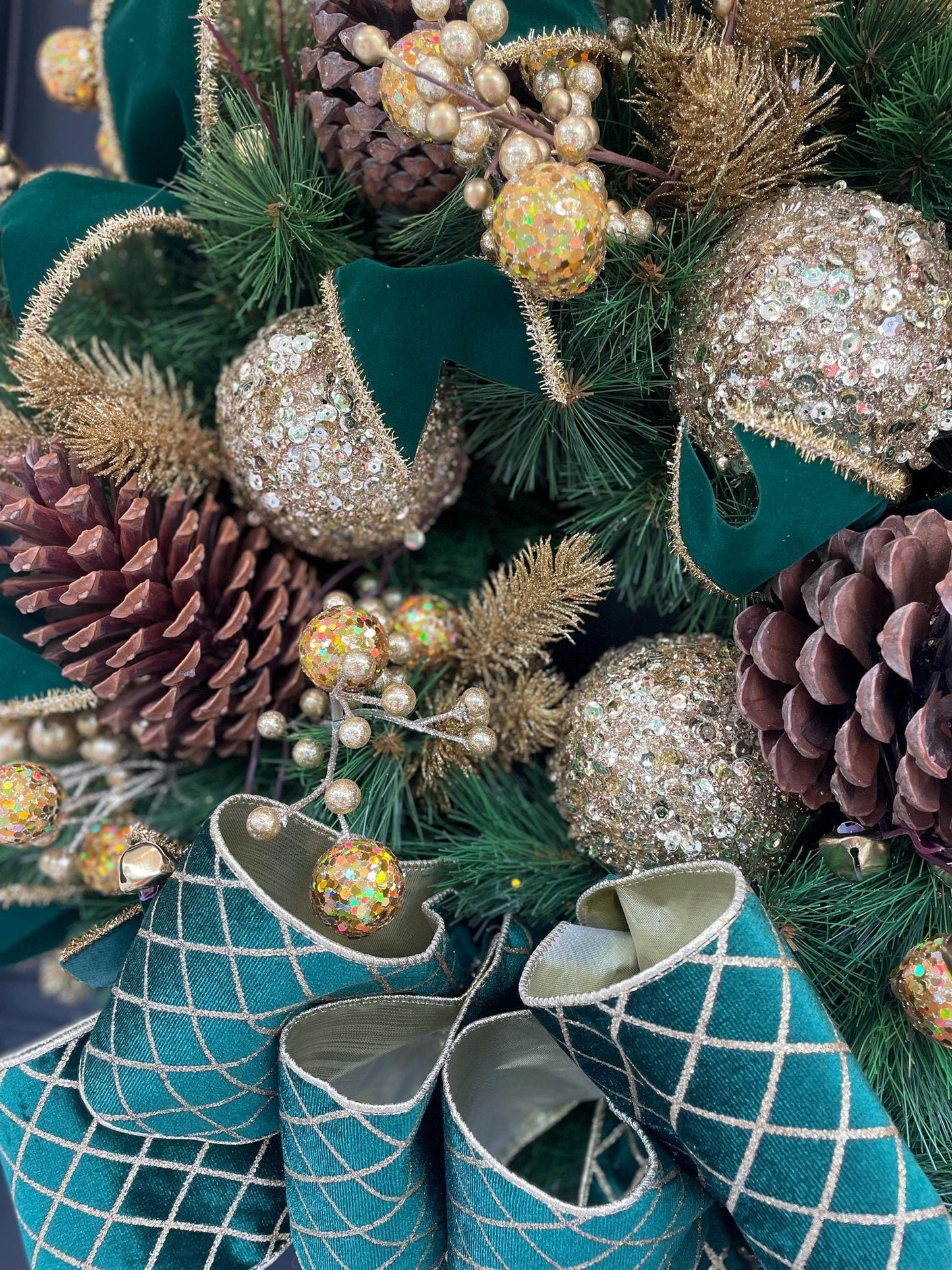 Luxury Emerald Green & Gold Christmas Wreath | Designer Velvet Bow Front Door Wreath | 60cm (24")
