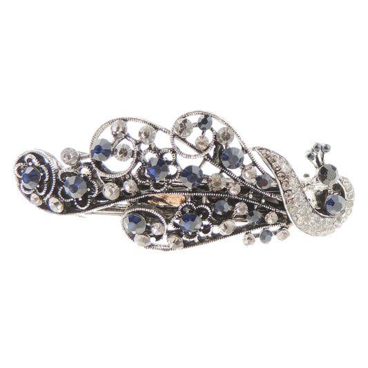 Womens Girls Crystal Rhinestone Diamante Wedding Birthday Party Evening Ponytail Hair Accessories Occasion Barrette Hairpin Vintage Look Dark Silver Tone Metal French Spring Clip Peacock (Blue)