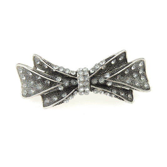 Womens Girls Vintage Look Crystal Rhinestone Diamante Wedding Birthday Party Evening Ponytail Fine Medium Hair Accessories Occasion Barrette Hairpin Silver Tone Metal French Spring Clip Bow