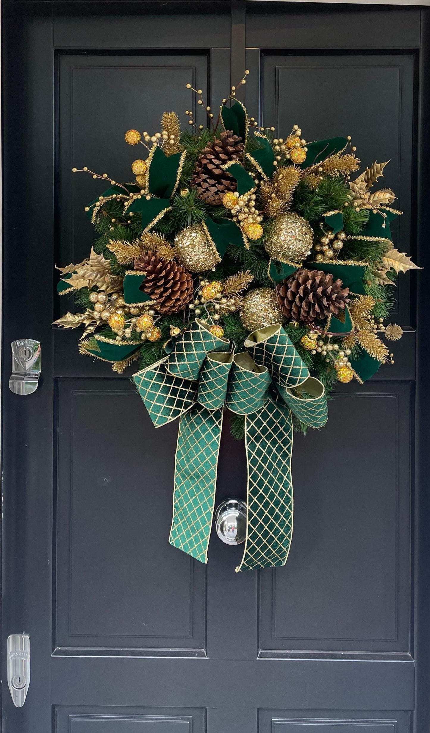 Luxury Emerald Green & Gold Christmas Wreath | Designer Velvet Bow Front Door Wreath | 60cm (24")